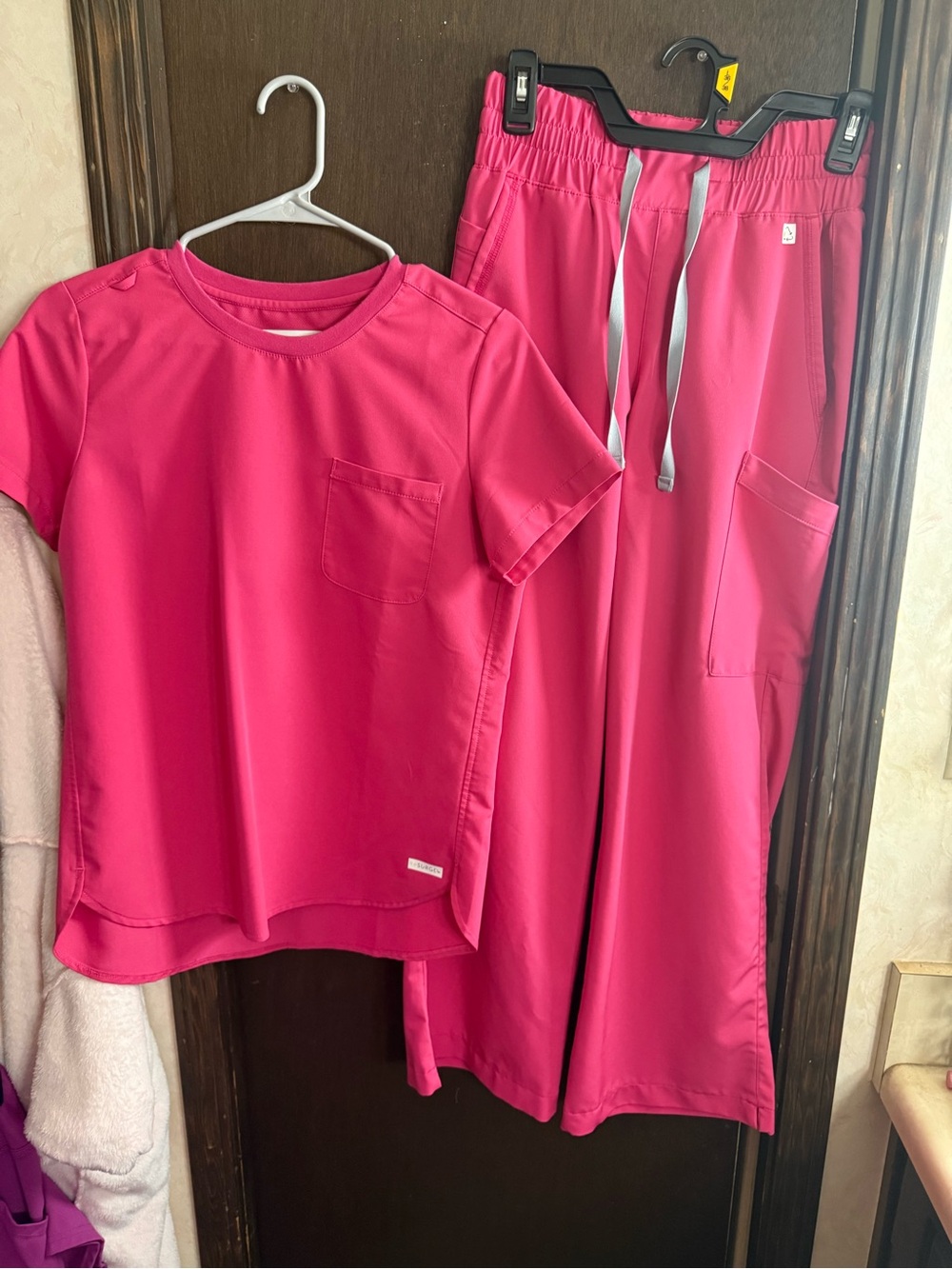 Bright Fuchsia Scrub Top & Drawstring Pants Set